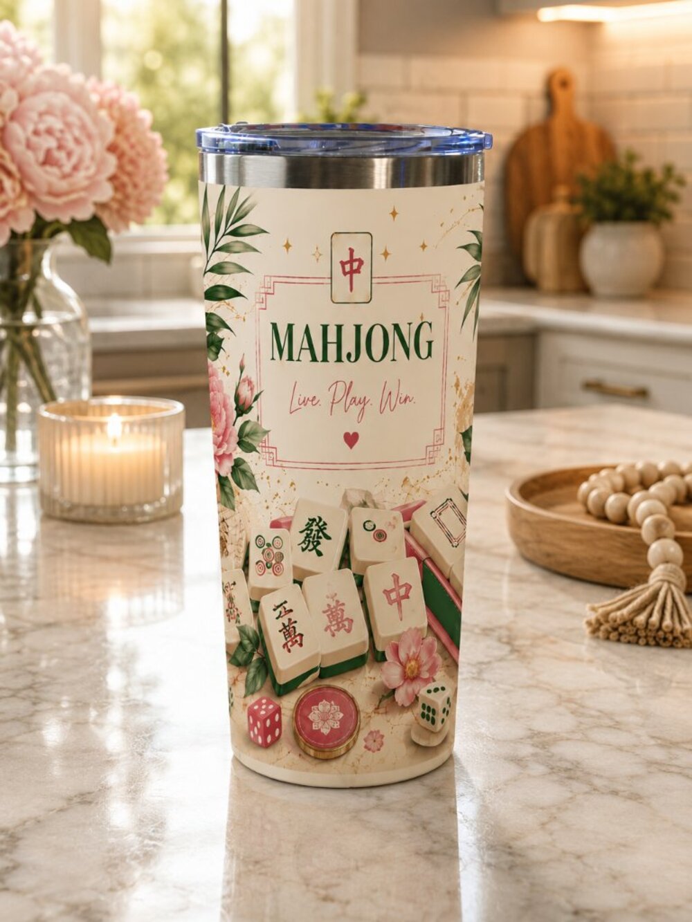 Mahjong Floral 20oz Insulated Tumbler Gift for Mahjong Lovers